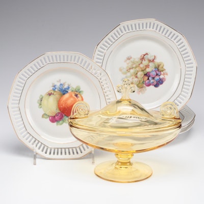 Schumann Pierced Rim Fruit Motif Porcelain Plates with Fostoria Glass Candy Box