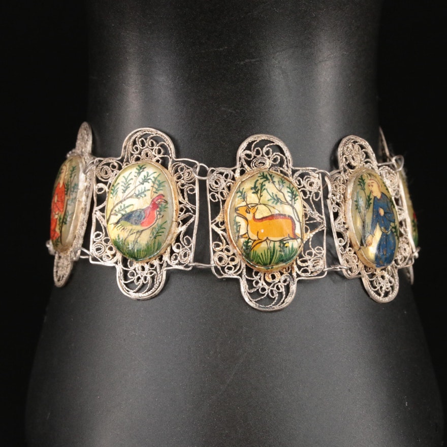 Sterling Mother-of-Pearl Filigree Floral and Nature Theme Panel Bracelet