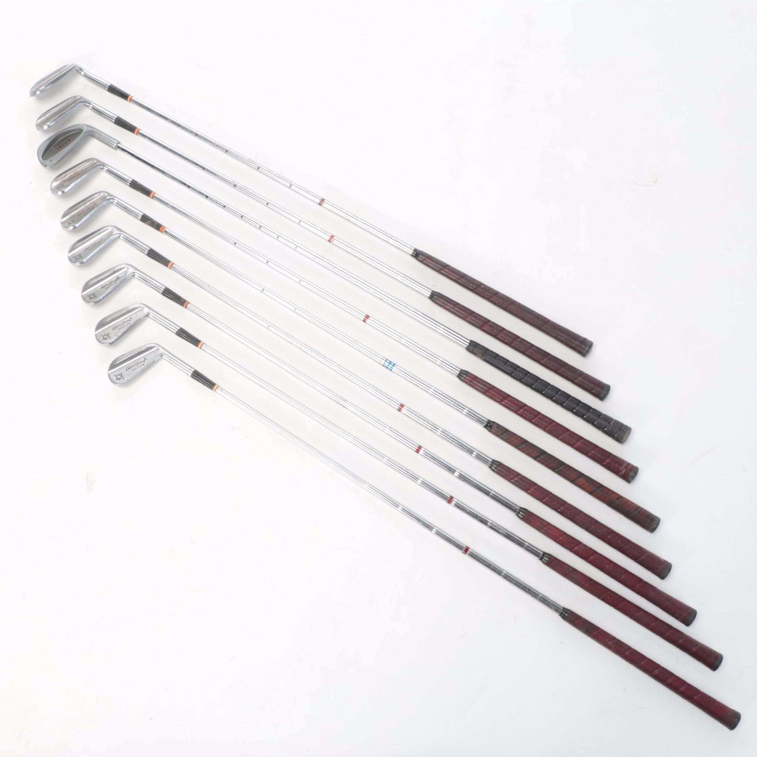 Palmer Leather and Vinyl Golf Bag with Spalding Wood and Iron Golf Clubs EBTH