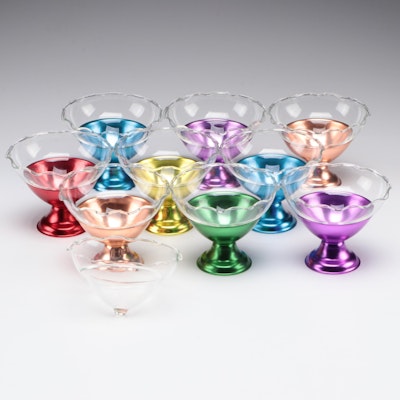 Ruffled Rim Glass Dessert Bowls with Multicolored Metal Liners