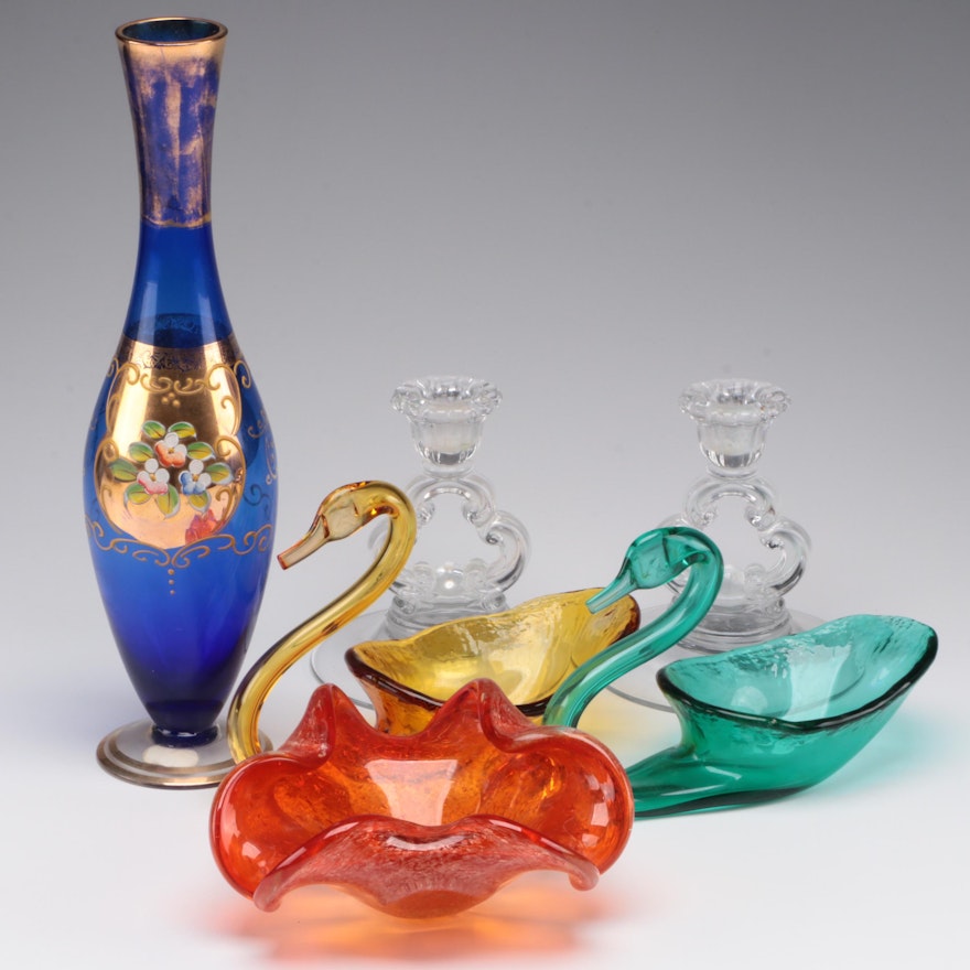 Art Glass Handkerchief Bowl and Swan Bowls with More Art Glass