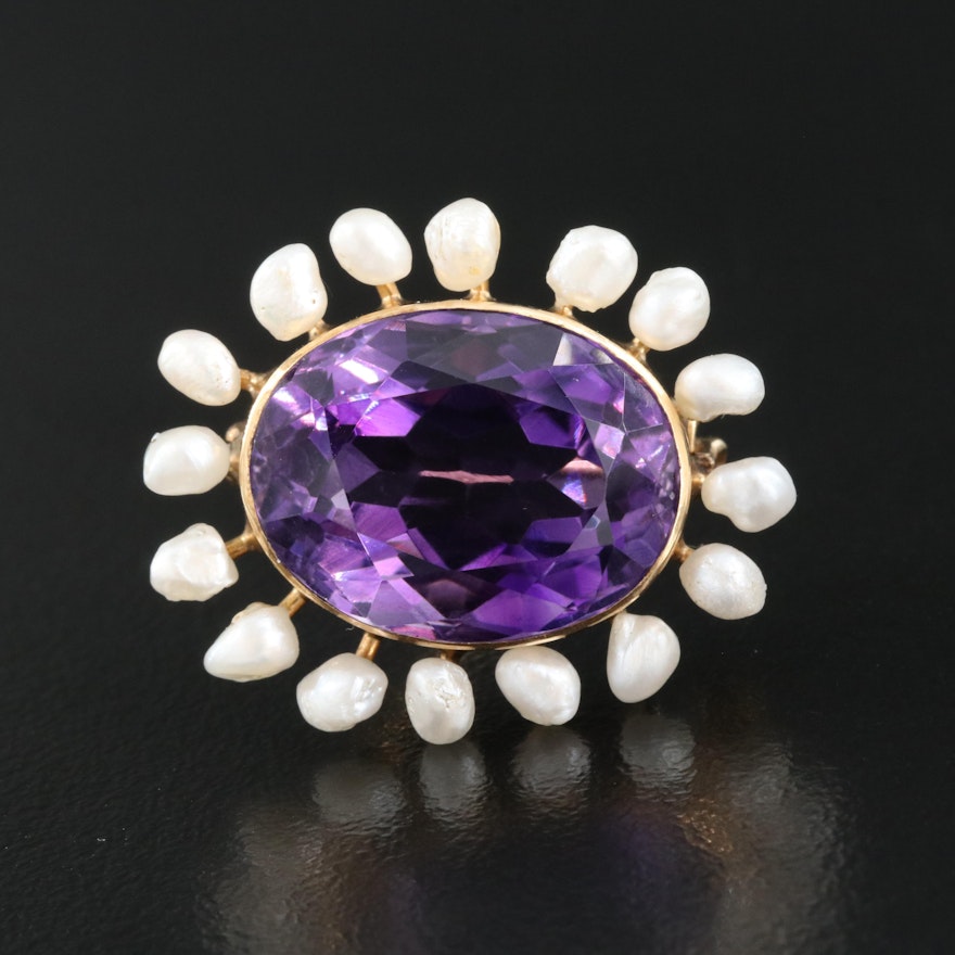 Antique 14K 13.89 CT Amethyst and Pearl Brooch
