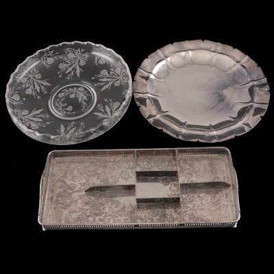 Gorham Silver Plate Trophy Platter with Etched Glass Bowl and Wilcox Tray