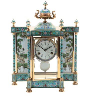 Chinese Cloisonné with Hand-Painted Crane Panels Brass and Glass Mantel Clock