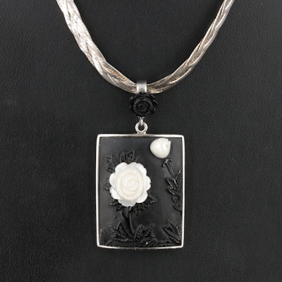 Sterling Black Onyx and Mother-of-Pearl Floral Panel on Braided Herringbone