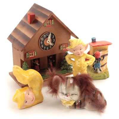 German Chalet Style Coo Coo Table Clock with Other Ceramic Figurines