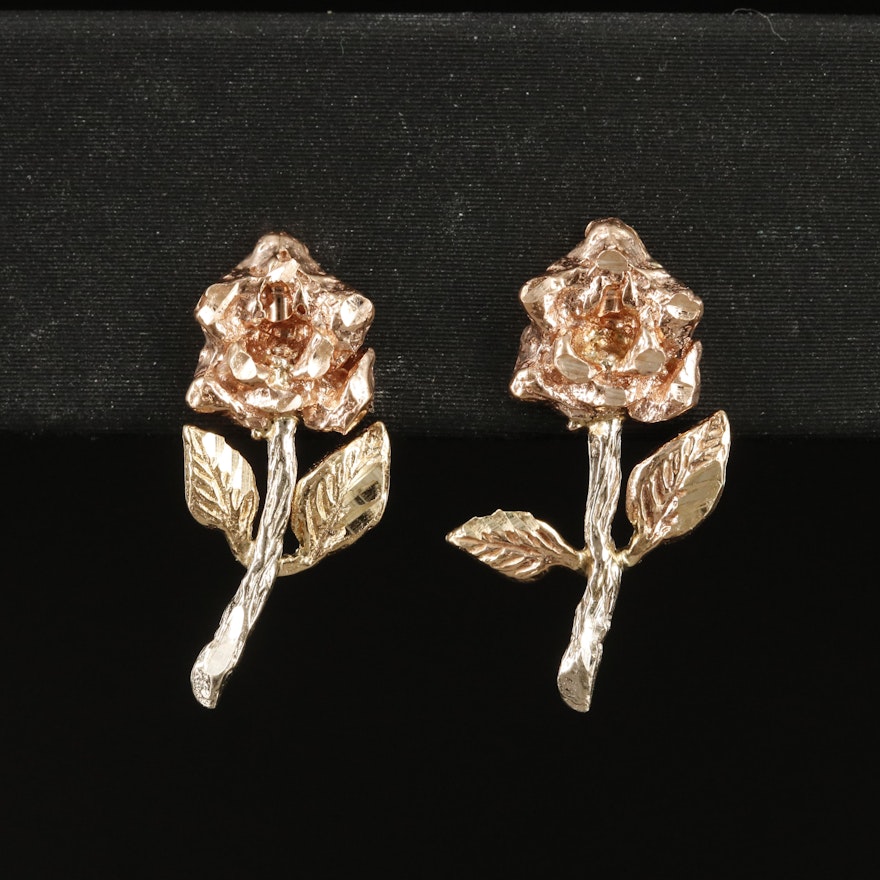 14K Tri-Color Rose Flower Earrings
