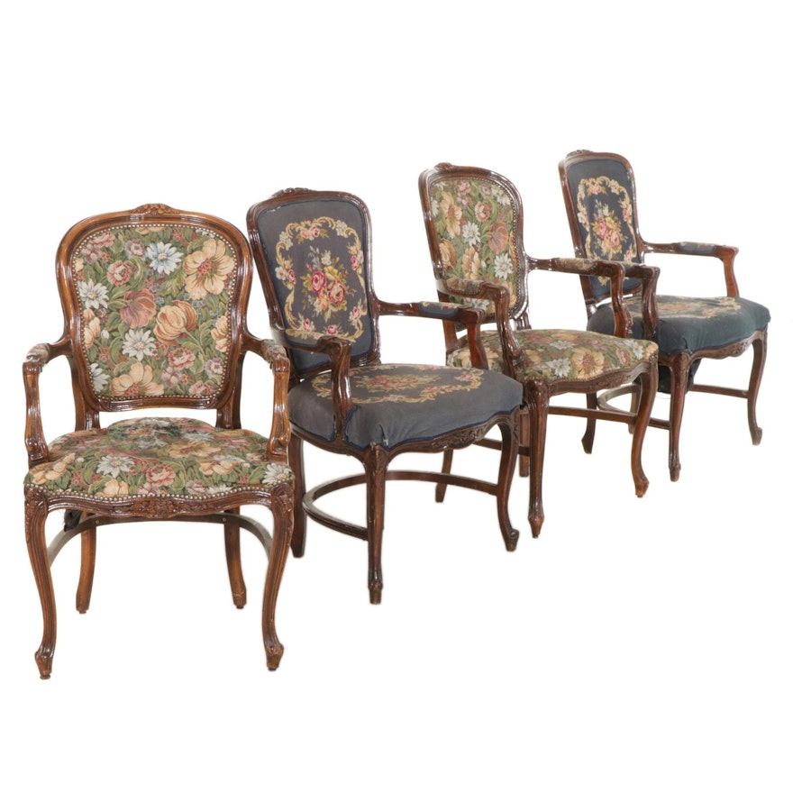 Four Louis XV Style Carved Wood Fauteuils, Early 20th Century