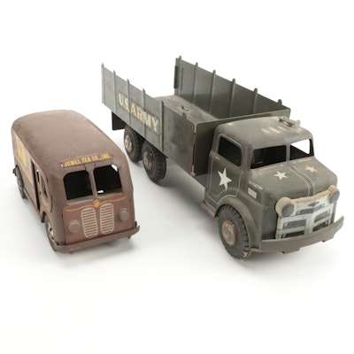 Lumar U. S. Army and Banner Jewel Tea Co. Metal Toy Trucks, Mid-20th Century