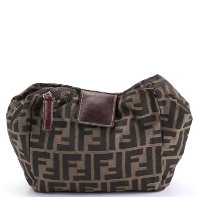 Fendi Zucca Canvas Zip Pouch with Brown Leather Trim