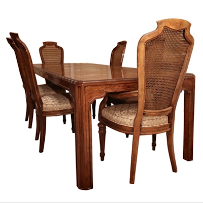 Drexel Heritage "Sketchbook" Burl and Pecan Dining Table and Cane-Back Chairs