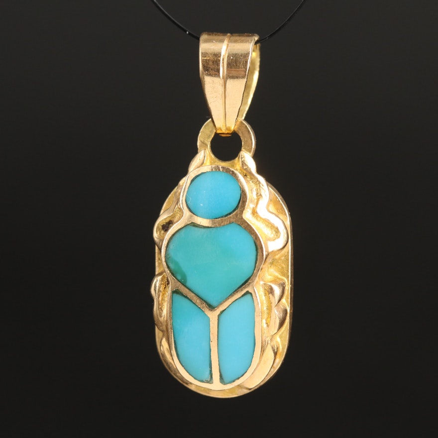 18K Turquoise Inlay Scarab and Ankh Pendant