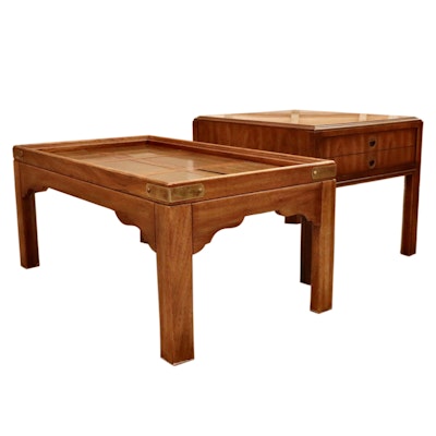 Drexel Heritage Campaign Style Pecan End Table and Coffee Table