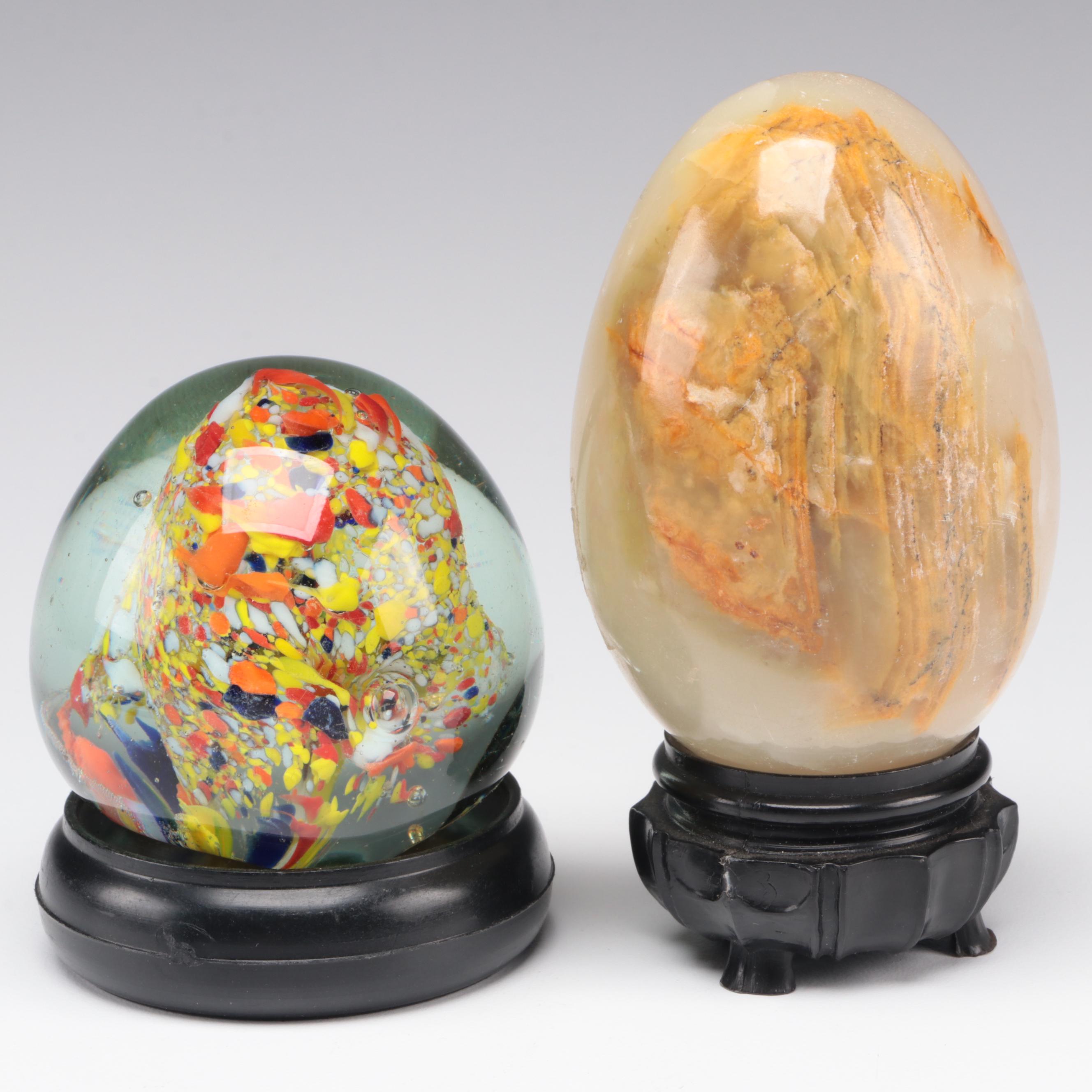 Polished Alabaster Egg and Art Glass Paperweight EBTH