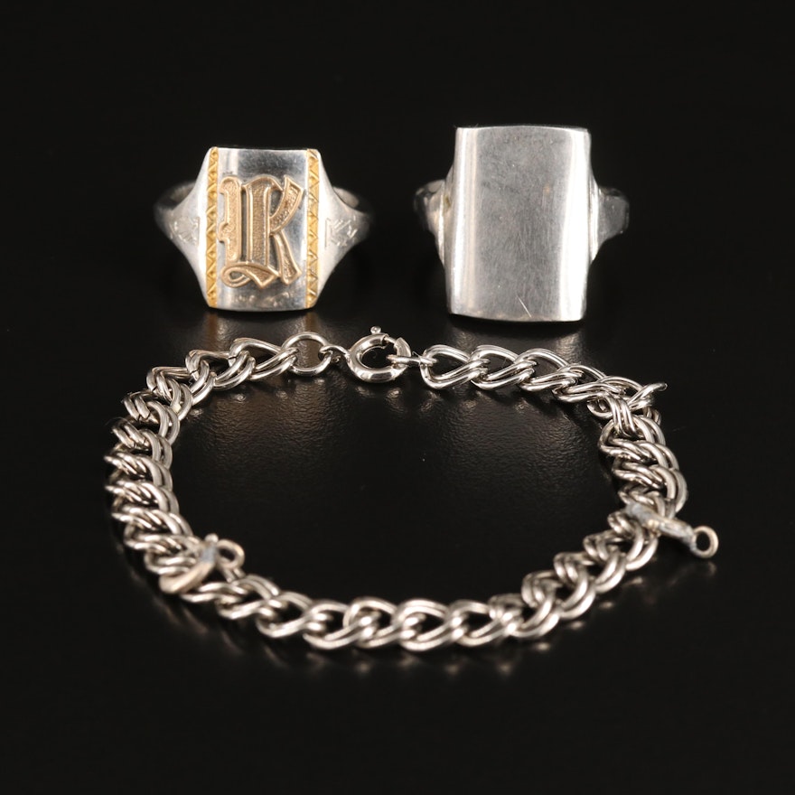 Signet Rings and Sterling Double Curb Chain Bracelet