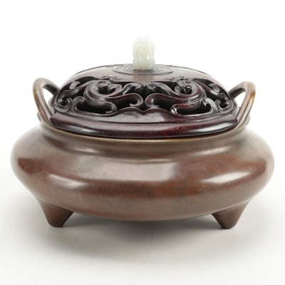 Chinese Bronze Tripod Censer with Carved Rosewood Lid and Stone Finial