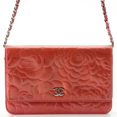 Chanel Camellia Wallet on Chain in Embossed Patent Leather with Box