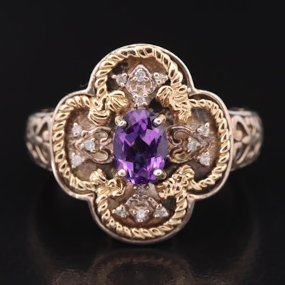 Sterling Amethyst and Diamond Quatrefoil Ring with 14K Accent