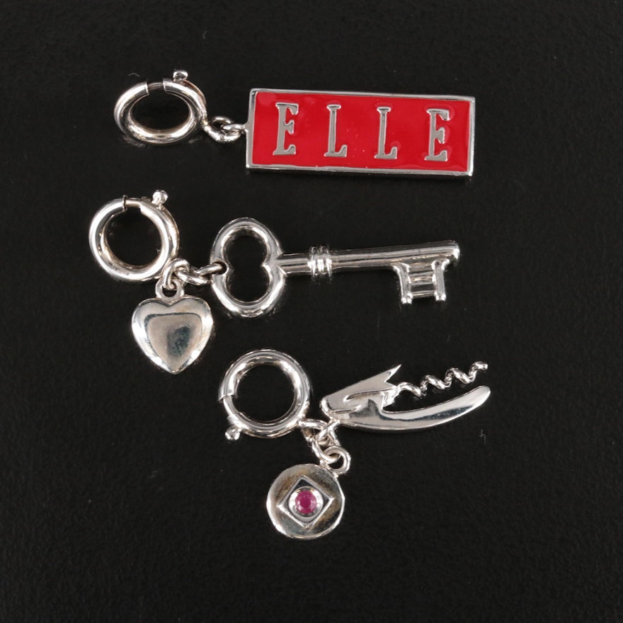 ELLE Sterling Bar, Key, Heart and Corkscrew Charms