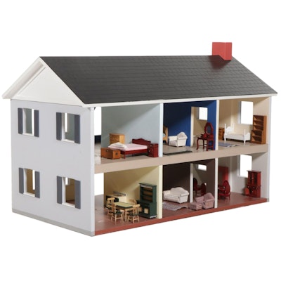Painted Two-Story Dollhouse with Miniature Furniture and Wooden People