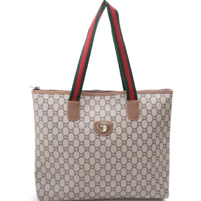 Gucci Plus Web Strap Tote in Coated Canvas with Cinghiale Leather Trim