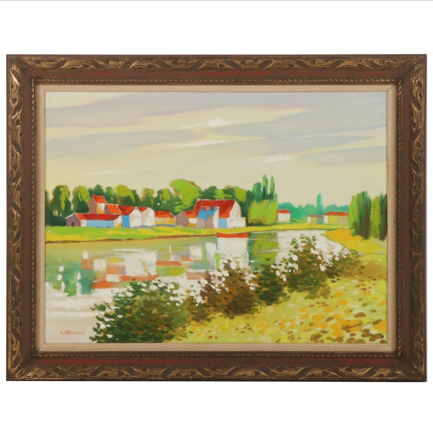 A. Milichev Oil Painting of Creekside Village, Late 20th Century