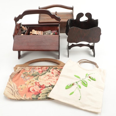 Wooden Sewing Caddies With Notions and Knitting Bags