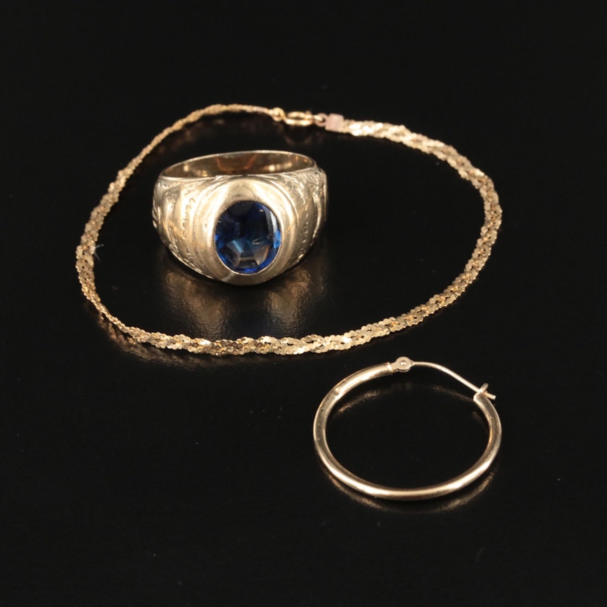 Vintage 10K Sapphire Class Ring, 14K Braided Serpentine Bracelet and Earring