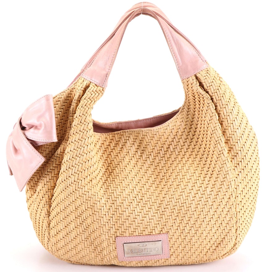 Valentino Bow Woven Raffia Hobo Bag with Pink Leather Trim