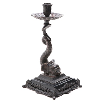 Rococo Style Bronzed Metal Dolphin Candlestick