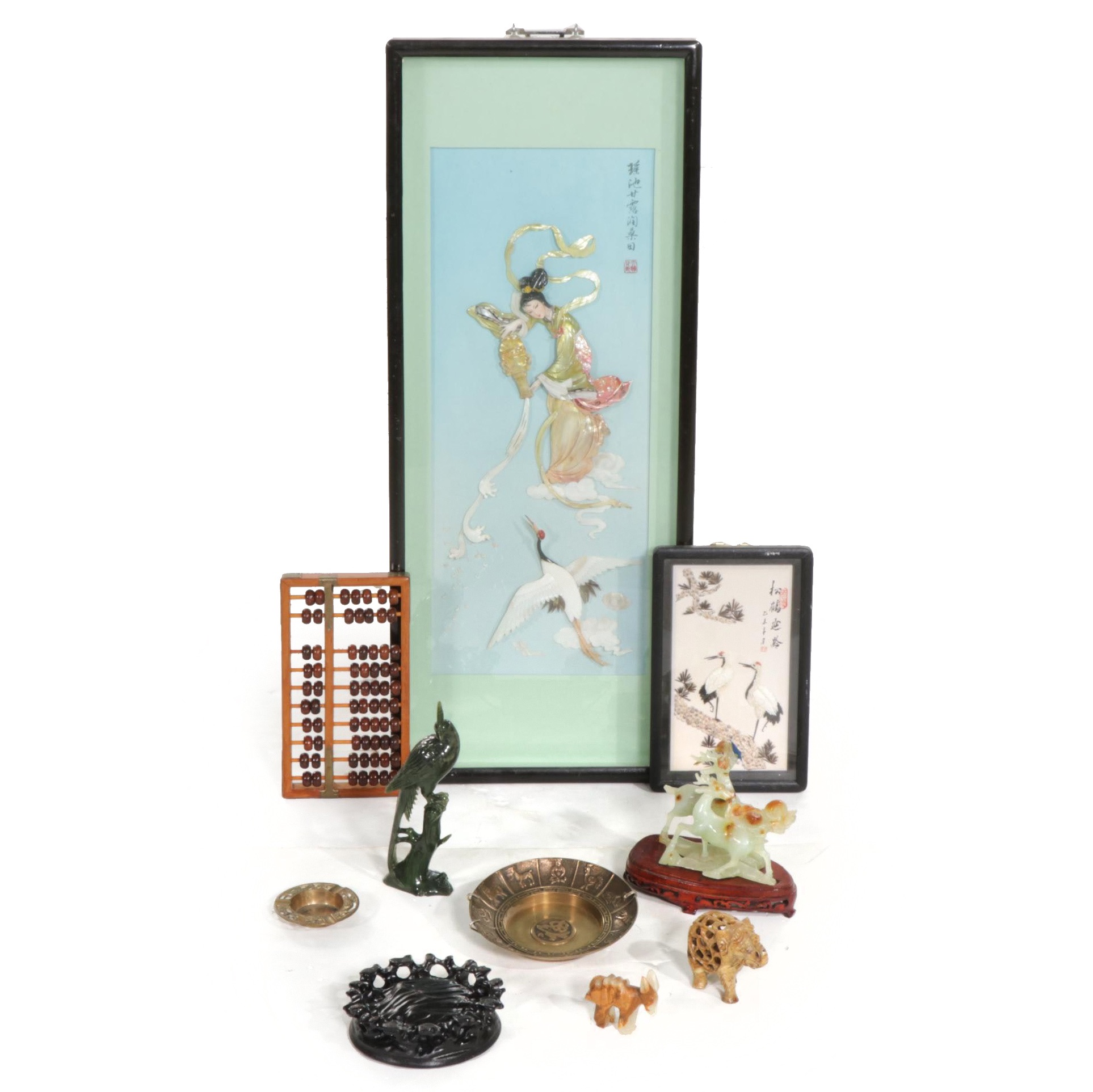 Asian Framed Art, Stone Figurines, Brass Ashtray, Chinese Zodiac Plate