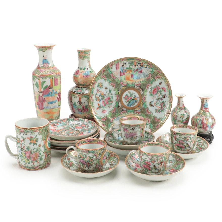 Chinese Export Porcelain Rose Medallion Vases and Tableware