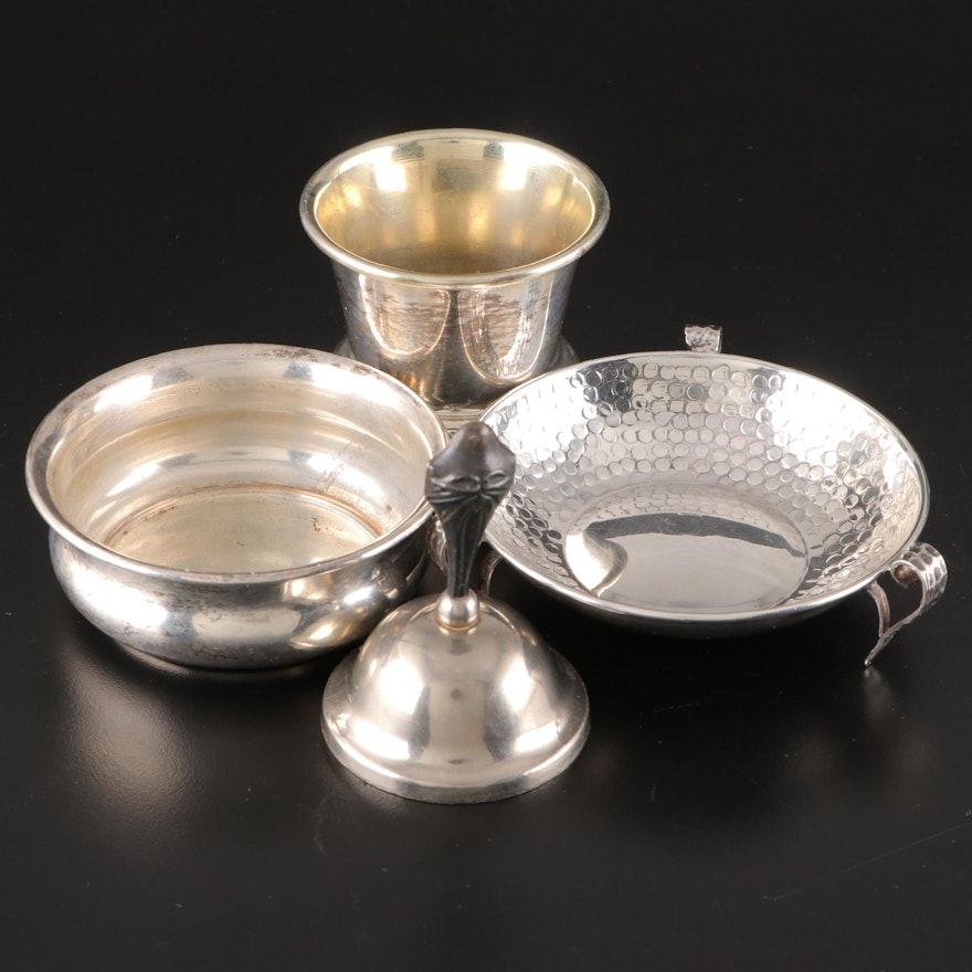 Hammered Silver Plate Footed Bowl with Other Table Accessories and Bell