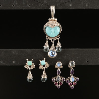 Sterling Pendant and Earrings Including Sajen, Turquoise and Rainbow Moonstone
