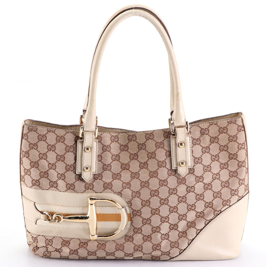 Gucci Hasler Horsebit GG Canvas and Beige Textured Leather Tote