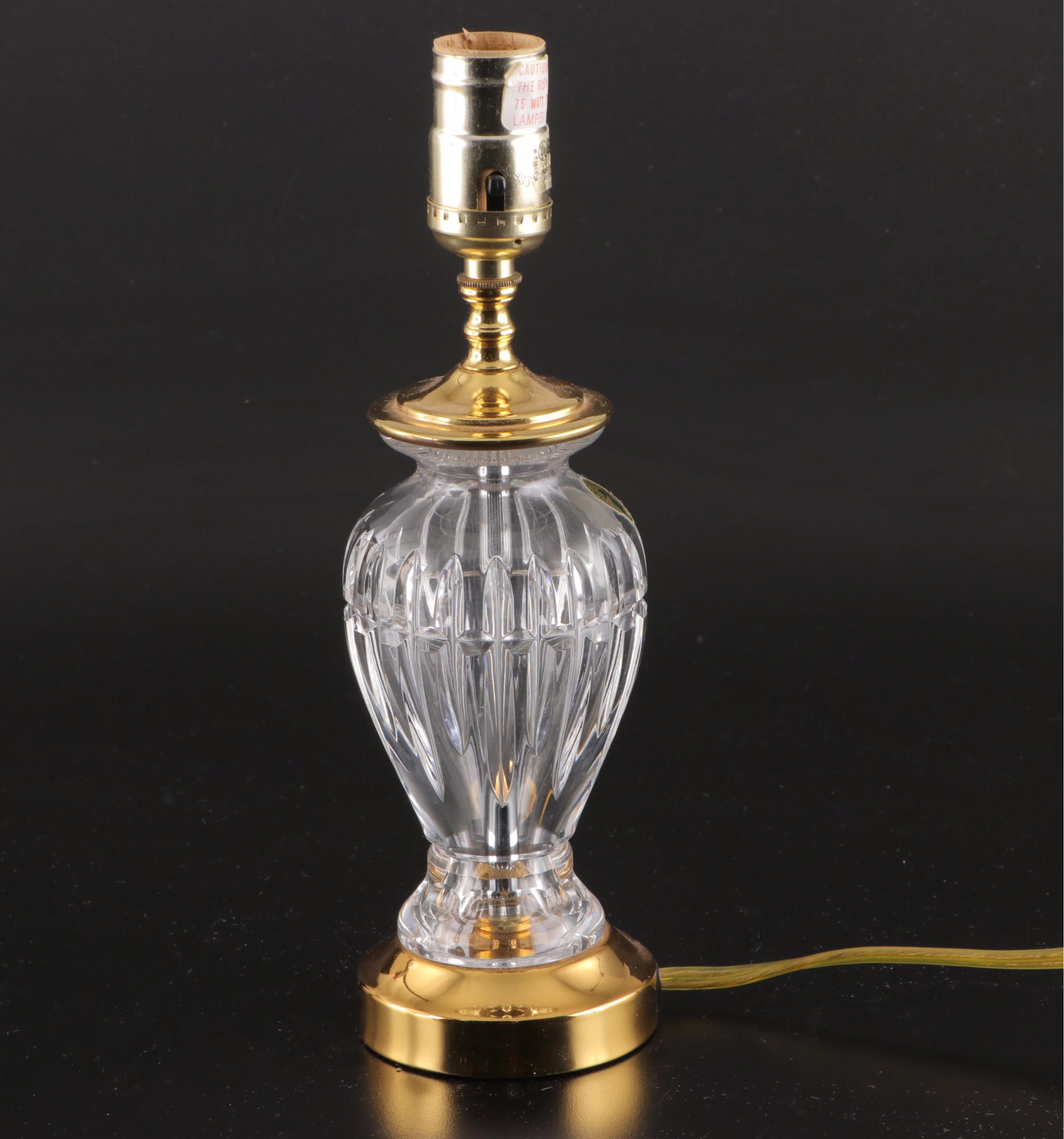 Pair of Waterford Crystal and Brass Boudoir Lamps With Ruffled Shades