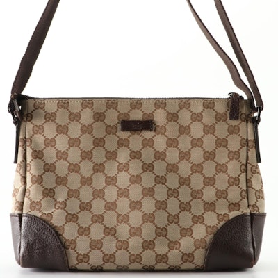 Gucci Crossbody Bag in GG Canvas and Brown Cinghiale Leather
