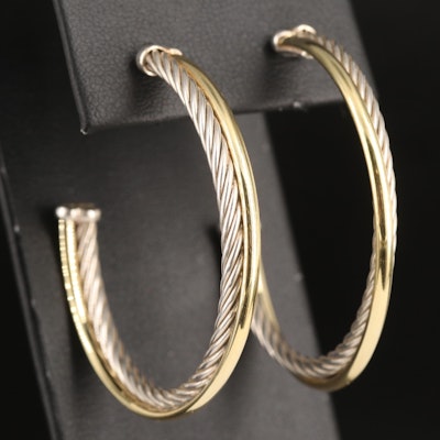 David Yurman "Crossover" Sterling Hoop Earrings with Bonded 18K Accents