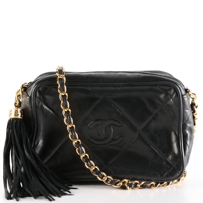 Chanel CC Diamond Quilted Black Leather Camera Bag with Tassel