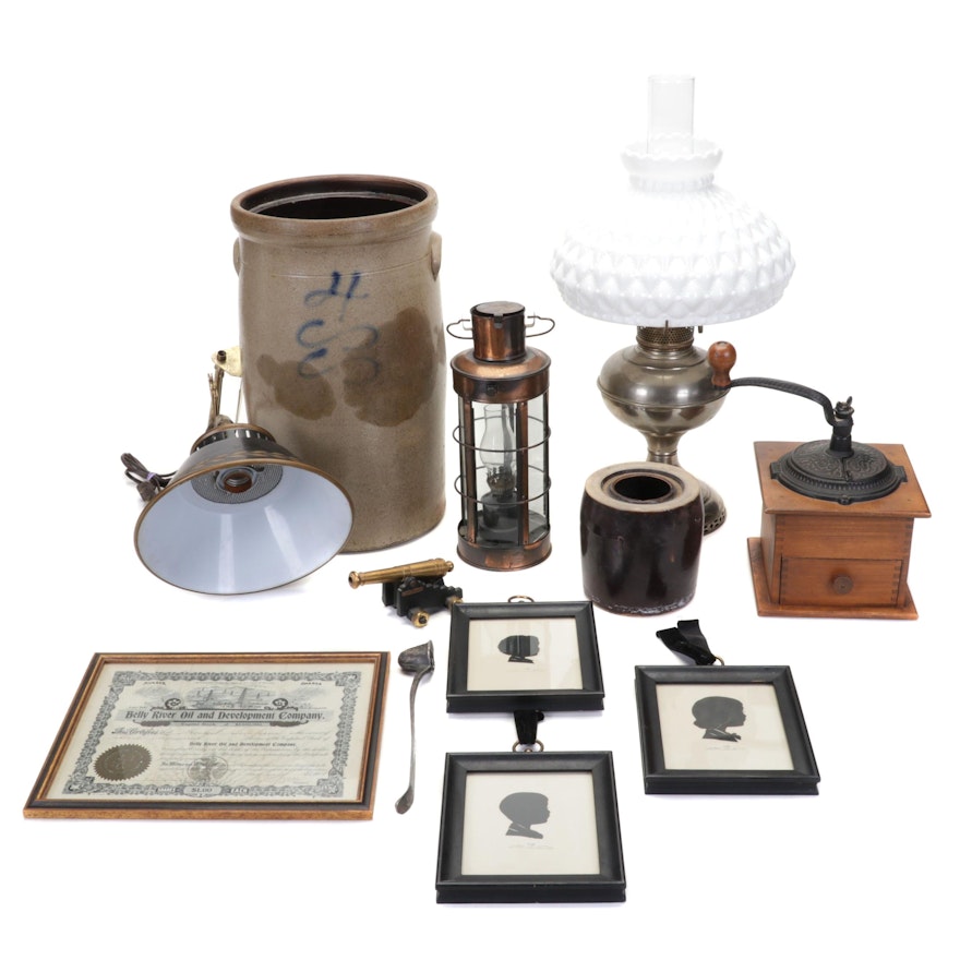 Crocks, Oil Lamp Lamp with Glass Shade, Coffee Grinder, Tole Wall Sconce, & More