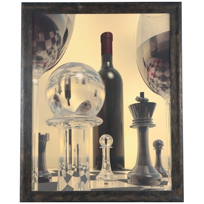 Giclée of Chessboard With Wine Bottle and Glasses