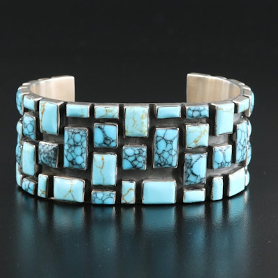 Western Signed Sterling Turquoise and Faux Turquoise Cuff