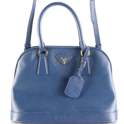 Prada Dome Bag in Bluette Saffiano Leather with Crossbody Strap