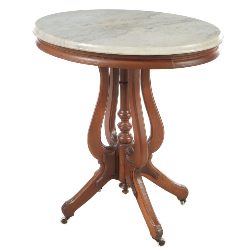 Victorian Walnut, Burl Walnut, and White Marble Side Table, Late 19th Century