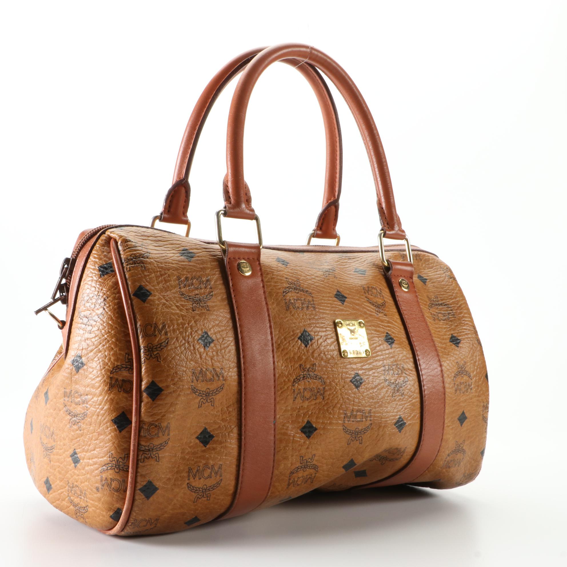 MCM Golf Collection Boston Bag in Visetos Coated Canvas and Cognac Leather EBTH