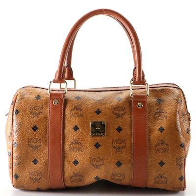 MCM Golf Collection Boston Bag in Visetos Coated Canvas and Cognac Leather