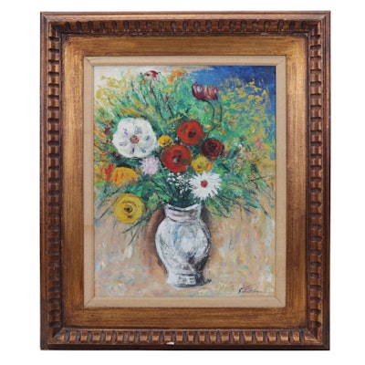 Still Life Oil Painting of Flowers in White Vase, Late 20th Century