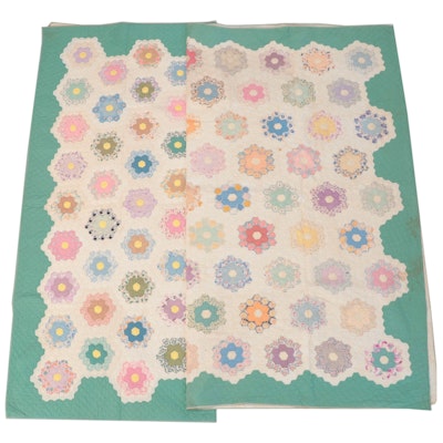 Handmade "Grandmother's Flower Garden" Pieced and Appliqué Cotton Quilts