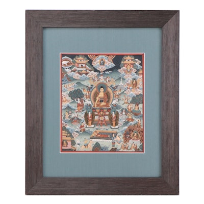 Tibetan Buddhist Gouache Thangka Painting of Life of the Buddha Shakyamuni