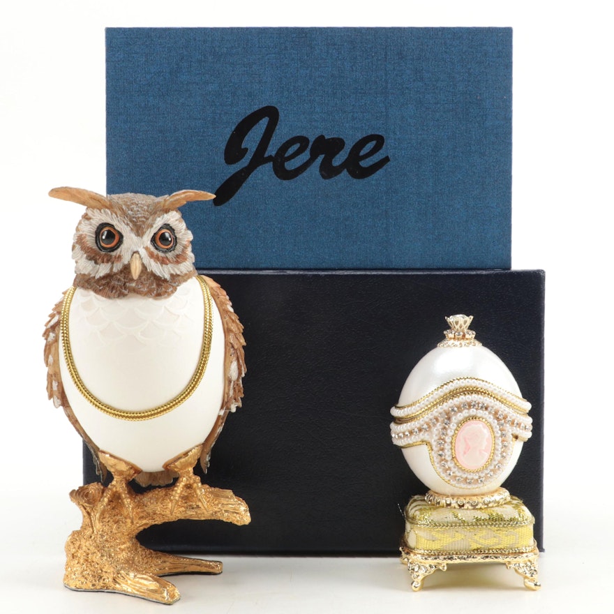 Jere Owl Egg and Cameo Egg Enameled Trinket Boxes